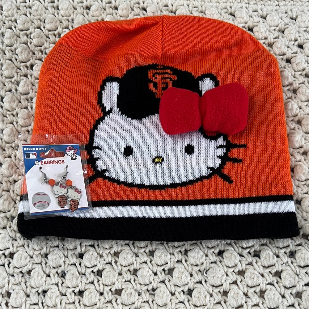 Hello Kitty San Francisco Giants reversible Orange Beanie and Earrings Set BN